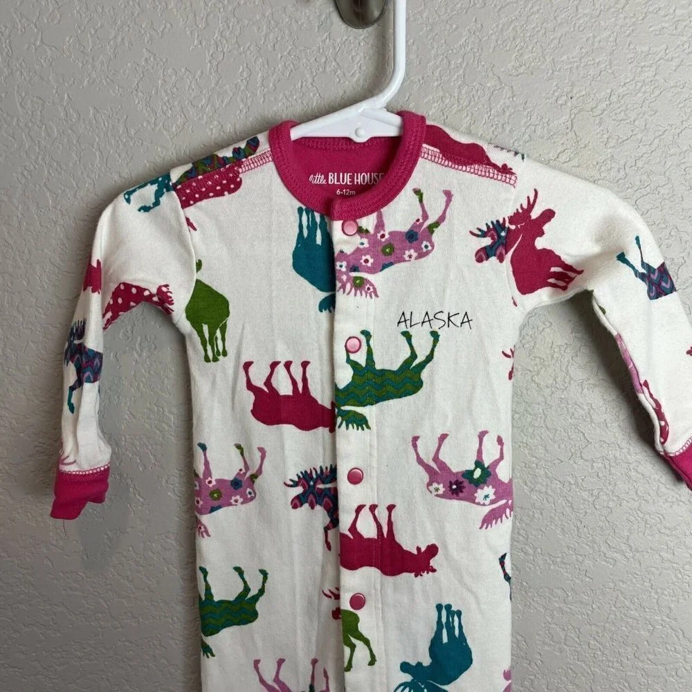 Hatley Little Blue House MOOSE Pajamas 6-12 Months Baby Girl Pink Pjs Alaska